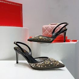 Célèbre Desiger RENE Cleo chaussures habillées à bout ouvert cristal embelli spirale enveloppement autour des sandales torsadées strass sandale femmes talons aiguilles chaussures 35-43