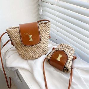 Bolso de diseñador famoso, MINI bolso trenzado de paja de lujo de verano 2023, bolso de cubo a la moda, bolso de un hombro, bolso de marca de lujo para mujer