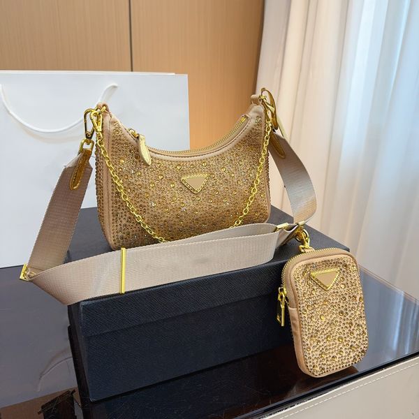 Sac à bandoulière de mode classique célèbre avec sac de diamant pour femmes, trois portefeuilles, sac à main avec sac à dos à double chaîne en métal, rendez-vous de style social et sac de fête