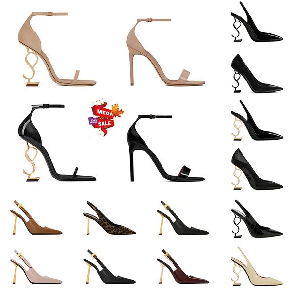 Sandales de créateurs célèbres pour femmes en cuir breveté en cuir paleté talons hauts pompes de mariage glissades luxury dame talons classiques dorés en or brun fond de gants slingback