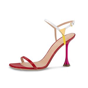 Célèbres designers sandales chaussures pour femmes en cuir verni patchwork boucle mode chaussure à talon en laque cuite 9,5 cm à talons hauts Rome Sandal 35-42 avec boîte