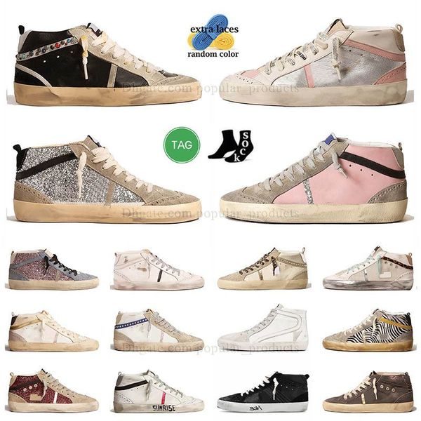 Célèbre Italie Marque Mid Star Golden Casual Chaussures Mid Slide Super Baskets Toile Sneaker High Top Black Glitter Outdoor Do Old Dirty Sneaker Trainer Hommes Femmes