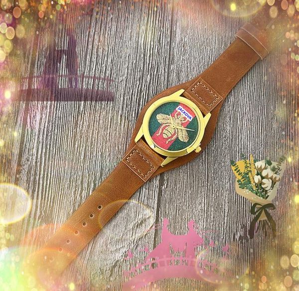 Montre design à deux broches pour amoureux célèbres, 38mm, luxe, abeille, tigre, serpent, cadran squelette, horloge pour femmes et hommes, mouvement à quartz, cuir marron, bracelet en nylon, boîtier doré et argenté, cadeaux