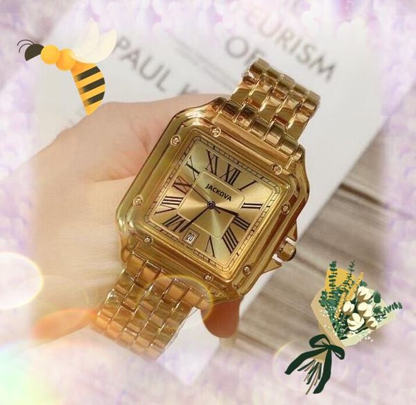 Famosos relojes de lujo para hombre Cuadrado Romano Tanque Habitante Reloj Oro rosa Color plata Vestido de moda Acero inoxidable Cuarzo Negocios Suiza Relojes de pulsera Regalos