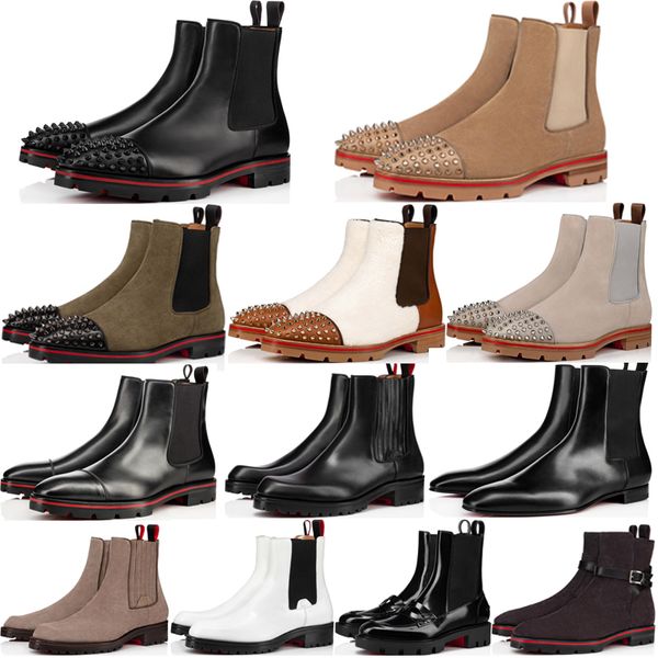 Hombres famosos Mujeres Botas de tobillo de lujo Picos de melón Bota plana Italia Delicada piel de becerro Ante Suela de goma Diseñador Botín informal Vestido de noche Botines cortos Caja UE 38-47