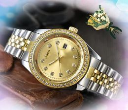 Célèbres hommes femmes diamants bague montres de luxe automatique date horloge à quartz trois broches conception bon bracelet en acier inoxydable saphir miroir haut montre cadeaux de la Saint-Valentin