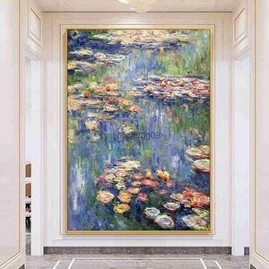 Famoso Monet Pinturas al óleo pintadas a mano Flor abstracta Lirio de agua Vista al lago Pintura en lienzo púrpura Decoración de la sala de estar Mural L230620