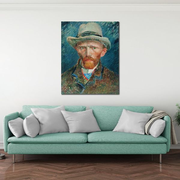 Pinturas famosas de Vincent Van Gogh, autorretrato con un sombrero de fieltro gris, obra de arte impresionista pintada a mano, decoración del hogar