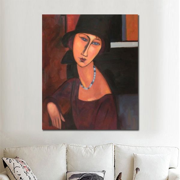 Famoso retrato lienzo arte Amedeo Modigliani pintura Jeanne Hebuterne con sombrero y collar arte hecho a mano moderno Café Bar Decoración