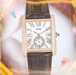Famous Big Dial Watch Luxury Roman Tank Series Men Reloj Movimiento de cuarzo Buena mirada Diamantes de dos líneas Anillo Rose Rose Gold Silver Vacada de cuero Regalos de pulsera