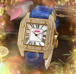 Beroemde vierkante Romeinse tank wijzerplaat liefhebbers kijken luxe volledige diamanten ringkast klok lederen band Japan quartz uurwerk drie pinnen ontwerper super horloges geschenken