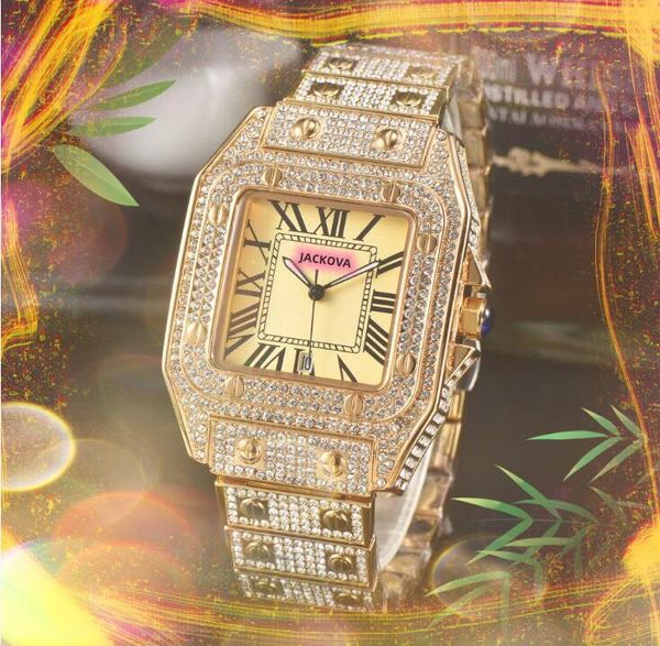 Célèbre carré romain cadran de réservoir amoureux montre de luxe plein diamants bague boîtier horloge or rose argent calendrier japon mouvement à quartz hip hop design couple cadeaux montres