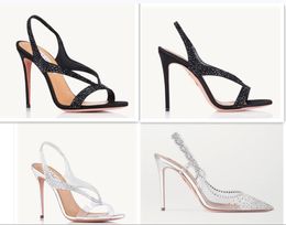 Célèbres sandales blanches Aquazzures Izzy Sandal Crystal Satin Pumpas Concerto Sandales embellies Chaussures Perfect Lady High Heels Party Wedding