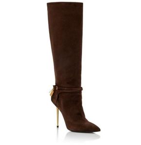 Célèbre créateur d'hiver en cuir et daim, bottines à cadenas, noir, gris, marron, en daim, chaussons pour femmes, embellis, jeu, talon bloc mi-mollet, extensible 35-43