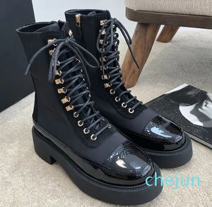 Bottes de styliste en cuir véritable pour femmes célèbres, Style d'automne, marque à tête ronde, fermeture éclair, talon épais surélevé pour dames