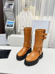 Botas largas para mujer famosas Bota alta Montezu Italia Plataformas con hebillas dobles perfectas Diseño de cuero negro marrón impermeable Botas largas para invierno populares Caja UE 35-40