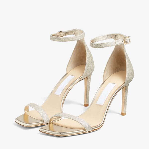 Sandalias famosas Sandalias Alva 85 mm Bombas de hielo Partido de oro blanco Glitter Italia Peep Peep Toes Clare Sling Diseñador de sándalo de boda de diseñadores Caja de tacones altos Eu 35-43