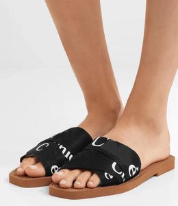 Beroemde vrouwen zomer strand slippers sandalen houtachtig canvas geweven muilezels platte letters elastische glijbanen kruisdoek outdoor flip flops EU35-42