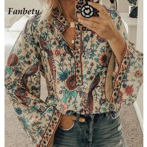 Fanbety Plus Size Herfst Chic Blouses Erwt Bloemenprint Shirts met lange mouwen Dames Casual V-hals Boho Blouse Tops Dames