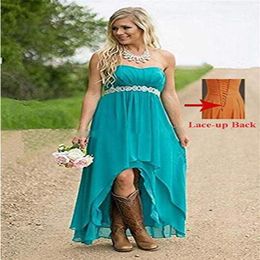 Fanciest Sweetheart Femmes 'Bretelles Haut Bas Style Country Robes De Demoiselle D'honneur Robes De Soirée De Mariage Turquoise Avec Cristal Bea260Q