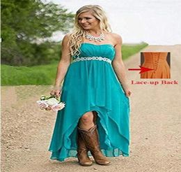 Fanciest Sweetheart Women039 bretelles haut bas style country robes de demoiselle d'honneur robes de soirée de mariage turquoise avec cristal Bea2828335