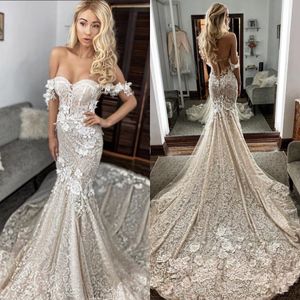 Robe de mariée sirène en dentelle, avec des Appliques florales 3D, épaules dénudées, sur mesure