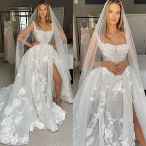 Robes de mariée fantaisie avec des Appliques florales 3D, bretelles Spaghetti, Illusion de perles, robes de mariée fendues sur le côté, sur mesure