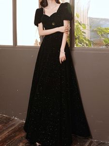 Fancy Black prom jurk lieverd korte mouwen zipper achterste vloer lengte glanzende avondjurken