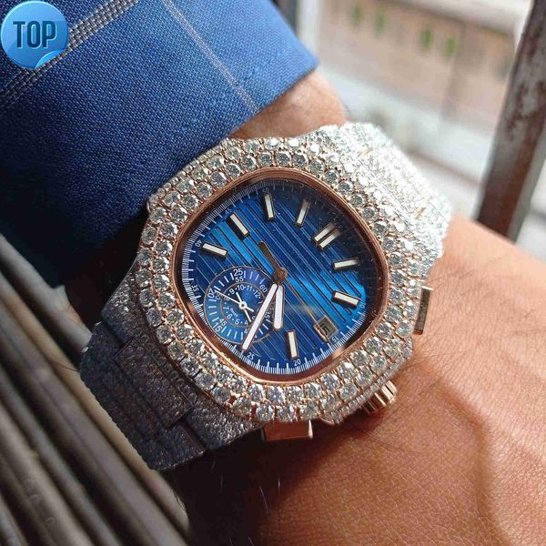 Montre fantaisie en Moissanite glacée pour hommes, cadran bleu, montre-bracelet en diamant, verre blanc, acier inoxydable, boucle analogique carrée et ronde