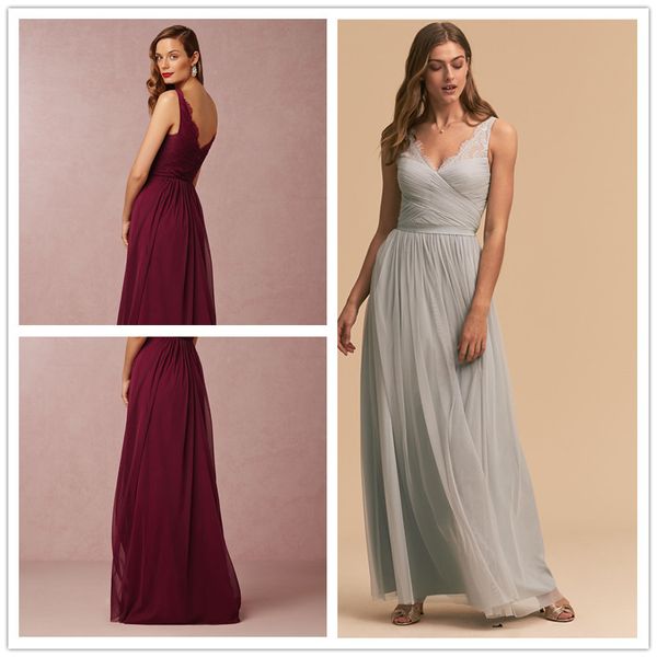 Fancy Burgundy, Sage Vestidos de dama de honor Plisados Gasa con encaje Cremallera en la espalda Longitud del piso Vestidos de fiesta de bodas Vestidos de damas de honor baratos