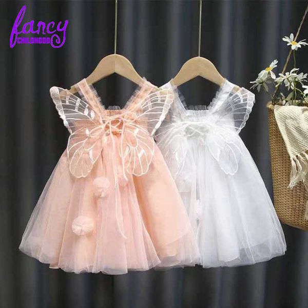 Fantaisie Enfance Rose Blanc Sans Manches Tulle Papillon Toddler Fille Robes De Soirée Élégant D'été Mignon Vêtements pour Bébé Fille Q0716