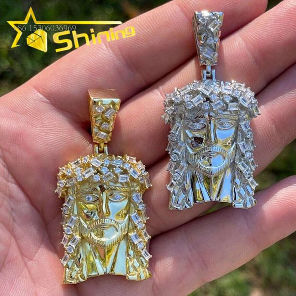 Fancy Cut Jesus Sterling Sier Gold plaqué VV VVS MISSANITE GRA CERTIFIED DIAMONDS Pendent