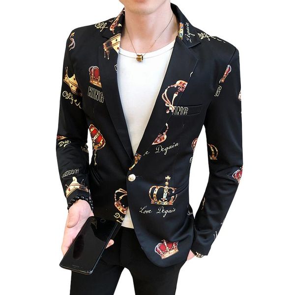 Elegante chaqueta con estampado de corona de diamantes para hombre, traje de fiesta de boda, chaqueta, Blazers para hombre, chaqueta inteligente informal ajustada