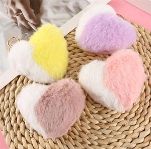 Fantaisie Double contraste couleur en peluche porte-clés moelleux en forme de coeur peluche fourrure de lapin Pom Pom porte-clés df152