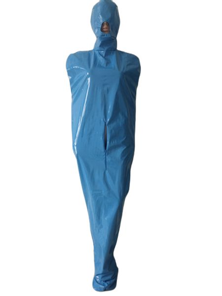 Fancy Dress Cosplay Adultos bolsa de momia Saco de dormir de cuero de imitación de PVC boca abierta con cremallera en la entrepierna delantera bodybag Suit Stage Props