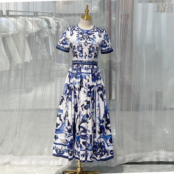 Vestido elegante para mujer, vestido camisola acampanado con estampado de porcelana azul y blanco, cintura fruncida, manga corta