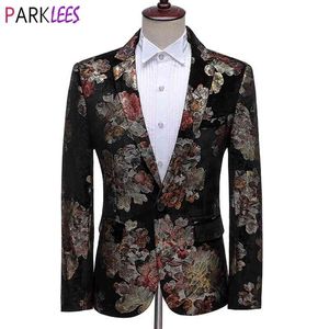 Fancy Floral Luxe Tuxedo Blazer Mannen Slim Fit Single Buttn Mens Jurk Pak Jas Bruiloft Diner Blazer Homme 210522