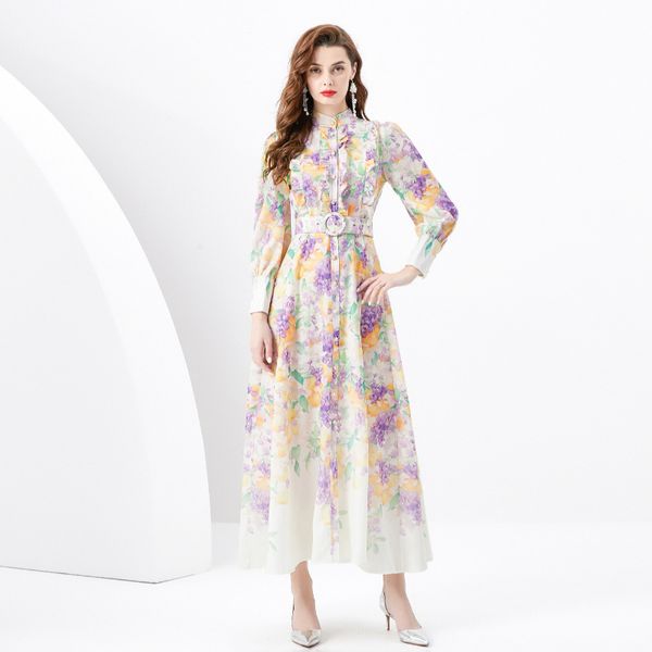 Fantaisie Devant Rétro Peint Maxi Chemise Robe Femmes Col Montant Boutons Cardigan Swing Robes À Manches Longues Dames Élégant Imprimé Bureau Casual Robes De Soirée Vêtements