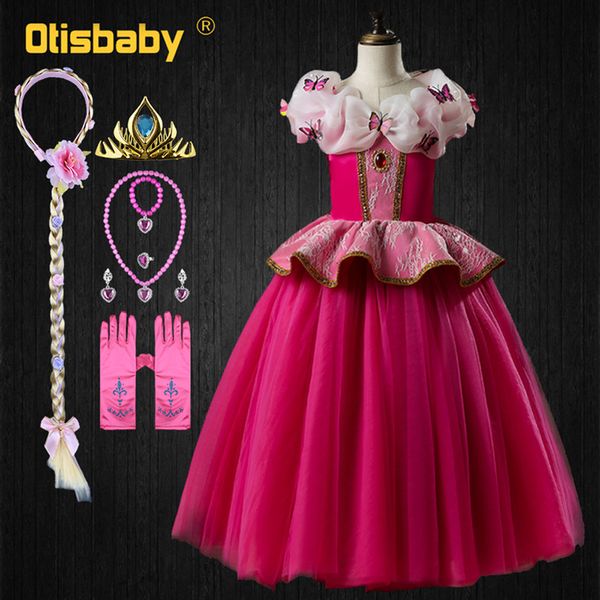 Fantaisie Filles Princesse Rose Aurora Robe Floral Filles La Belle Au Bois Dormant Élégant Maille Robes De Bal Enfants Costumes De Fête De Noël