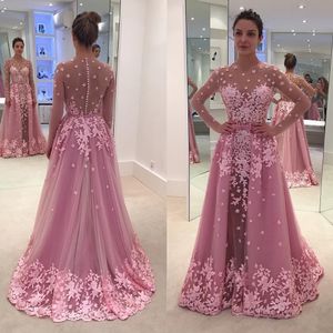 Fancy hete roze lange mouwen prom jurken met afneembare trein kant applique pure juweel nek illusie lijfje formele jurken avondkleding