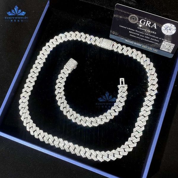 Bijoux de fantaisie glace 12 mm VVS Moisanite Classic Cuban Link Chain Hip Hop Sterling Sier Diamond Bracelet Collier