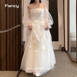 Fancy Korea Off Shoulder Garden Wedding Jurk Poshoot lange mouw Tule vloer lengte bruidsjurk op maat gemaakt 240425