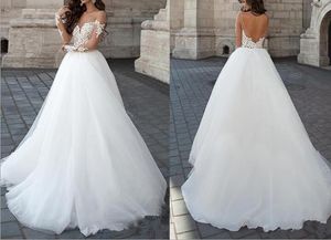 Robes de mariée fantaisie à manches longues col transparent longue robe de mariée vintage robes de mariée