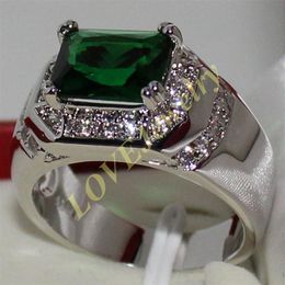 Fancy Men's 925 Silver Oblong Green Emerald CZ Side Stone Anillo llamativo Tamaño 9 10 Gift226y