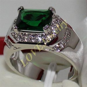 Fancy Men's 925 Silver Oblong Green Emerald CZ Side Stone Statement Ring Taille 9 10 Gift264g