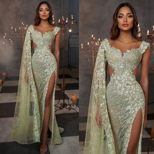 Fantaisie sirène chérie robes de bal dentelle Appliques côté fendu robes de soirée Illusion robe de soirée sur mesure