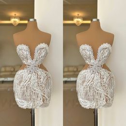 Perles fantaisie robes de bal de cocktail sans bretelles robes de soirée courtes paillettes perles gland voir à travers des robes de soirée sur mesure