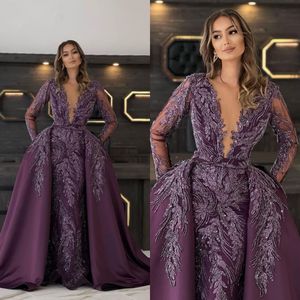 Robe de soirée violette fantaisie, col transparent, avec des Appliques en dentelle, avec jupes, manches longues, robes de soirée sur mesure