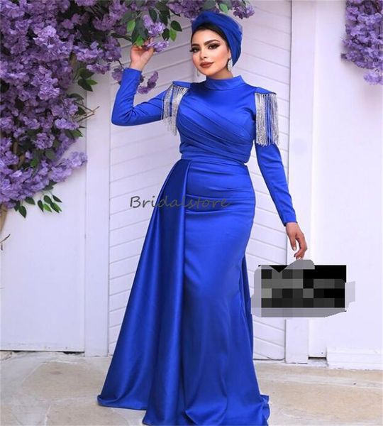 Elegante vestido de noche árabe azul real 2024 Elegante vestido de fiesta de sirena musulmana con borlas de manga larga Vestido formal de fiesta de cumpleaños Abayas Túnica de recepción Mariage 2024