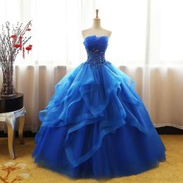 Fancy Royal Blue Ball Jurk Prom jurk echte foto quinceanera jurken strapless organza formele feestjurk met lagen tule bloemen app 196y